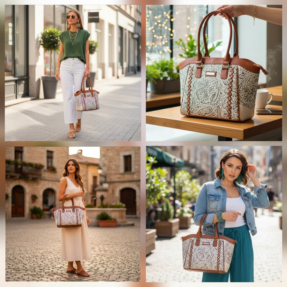 Cappuccino Brown Cross Stitch Embossed Tooled Artisan LEATHER Shoulder Bag Purse - Picture 14 of 16